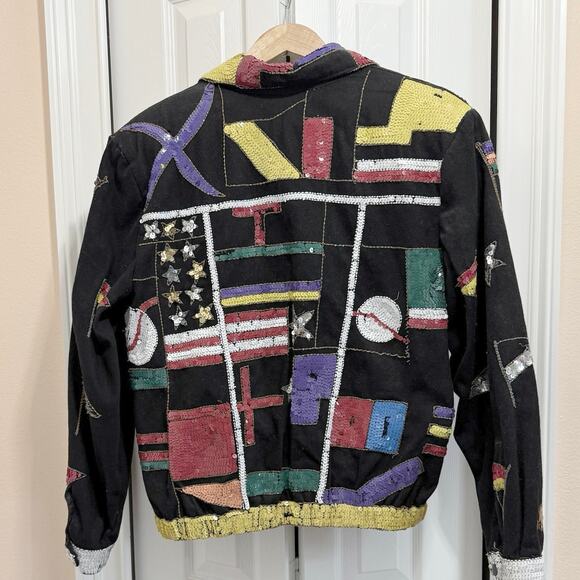 VTG MODI Sequin Patchwork Denim Jacket Women's M Boho Statement 90s vibes FLAW - Picture 2 of 13